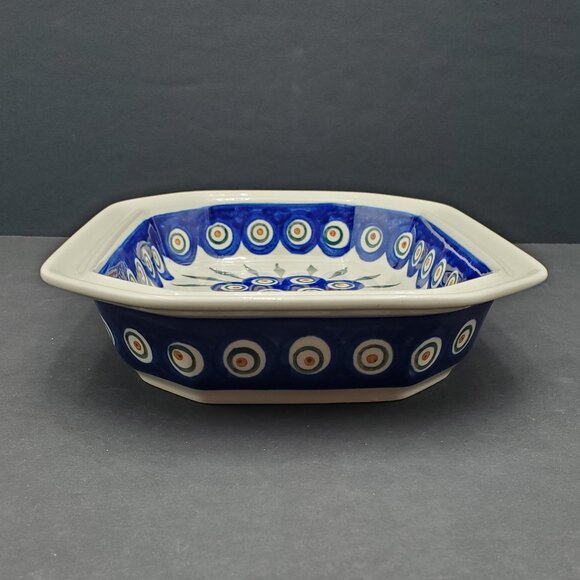 Polish Pottery Peacock Leaves 10" Baker Rectangular Octagonal BakingServing Dish - Picture 5 of 11